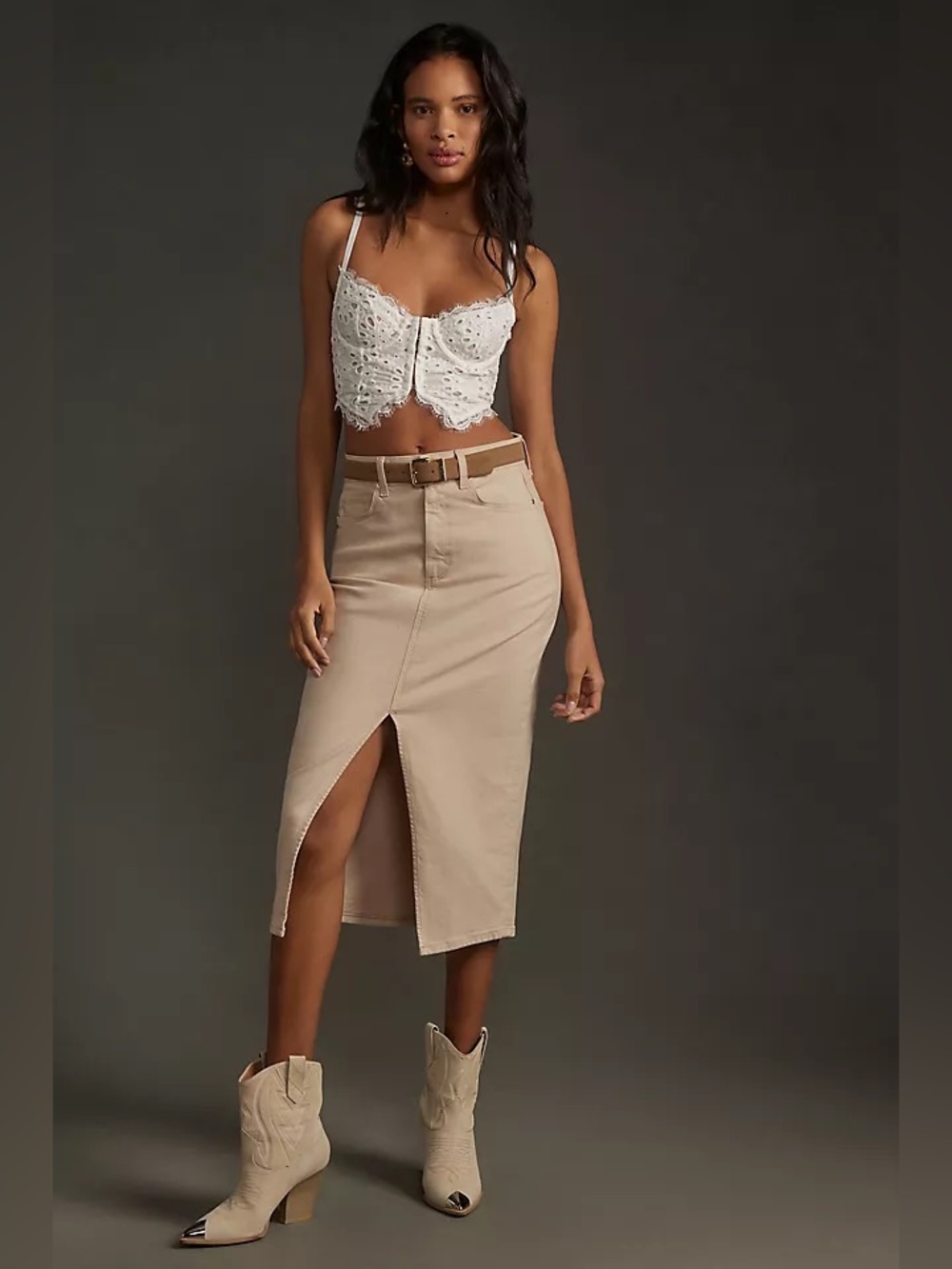 NEW PAIGE Angela Denim Midi Skirt Khaki Split Hem
